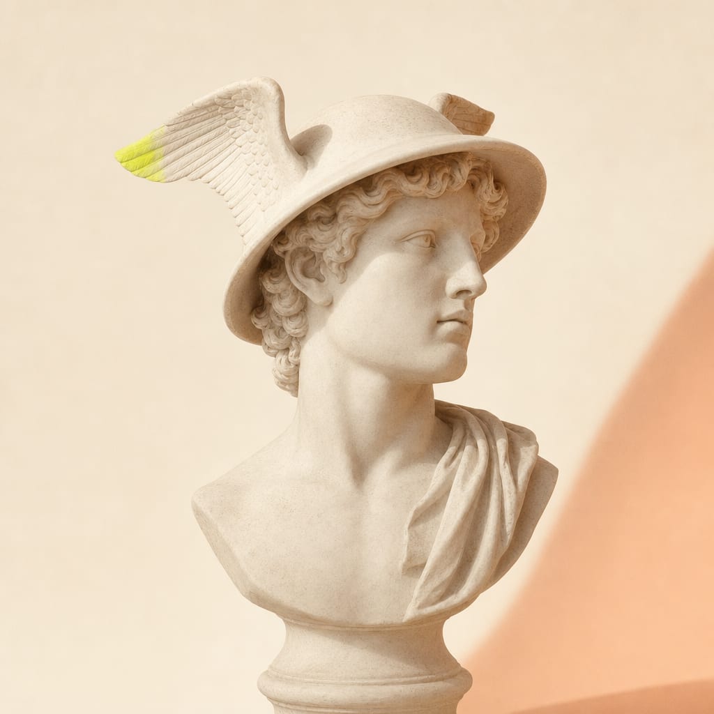 Busto editorial de Hermes, el dios mensajero, nuestro agente IA