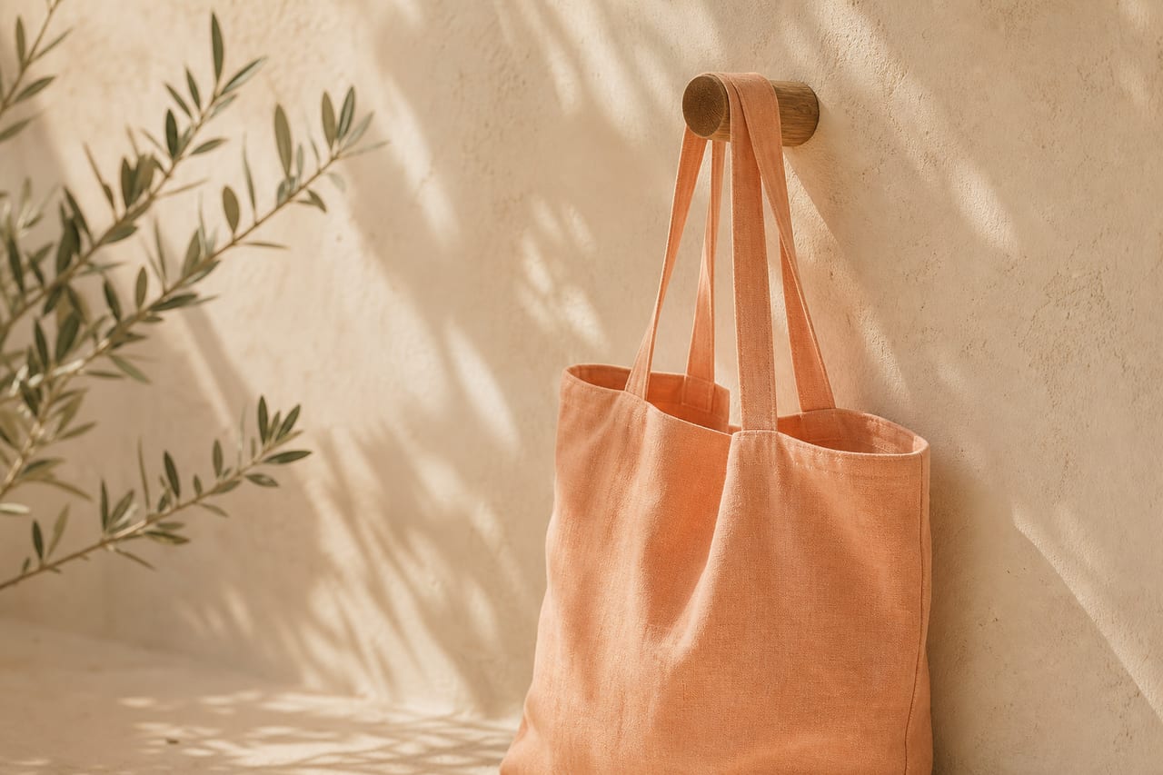 Bolso de lino melocotón sobre muro crema soleado