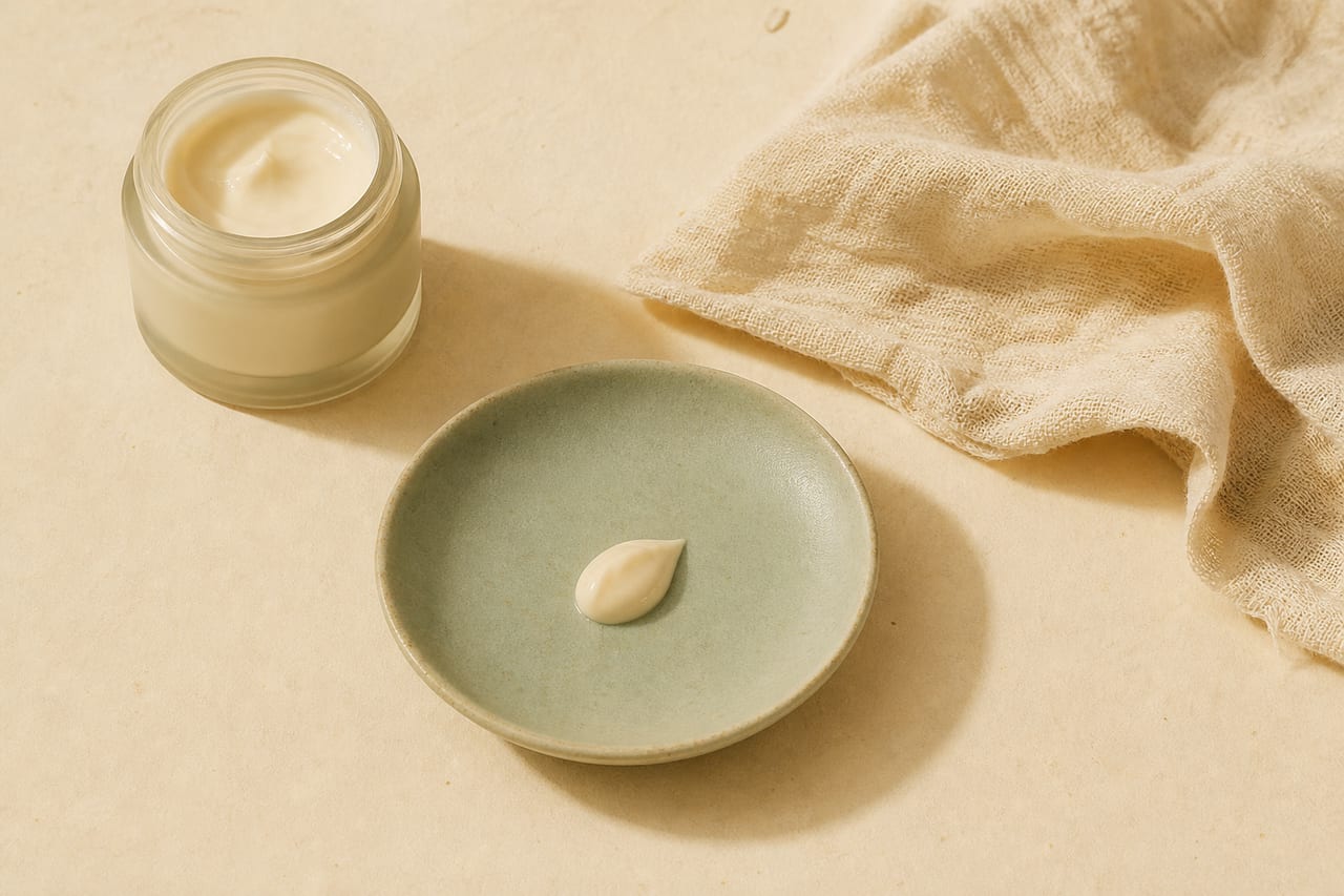 Flatlay de skincare en tonos crema y salvia
