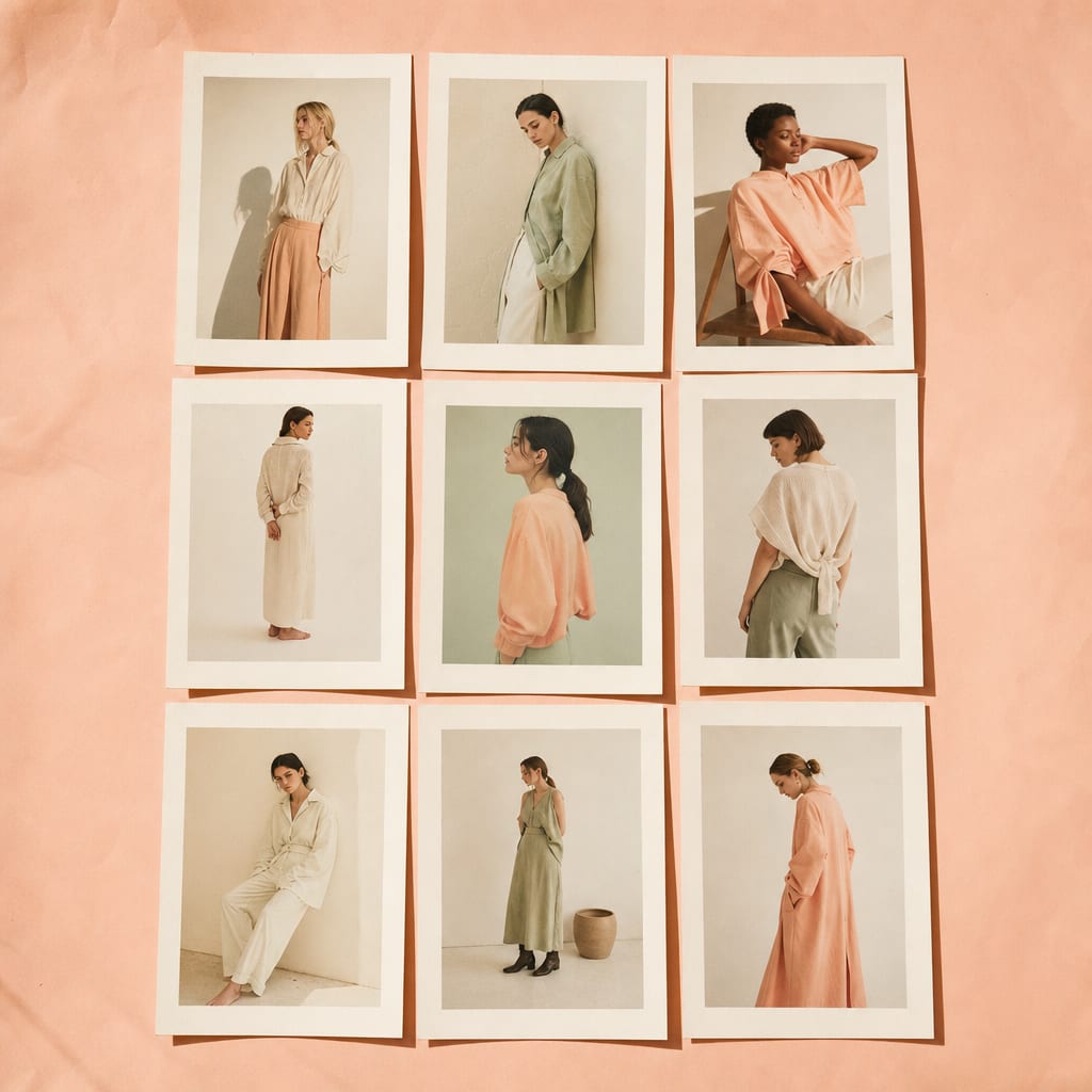 Grid editorial de 9 lookbook posts en tonos crema y peach