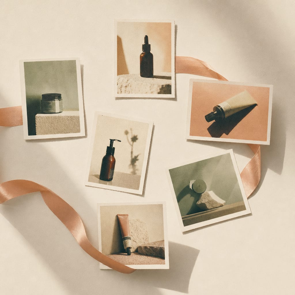 Flatlay editorial de assets de beauty