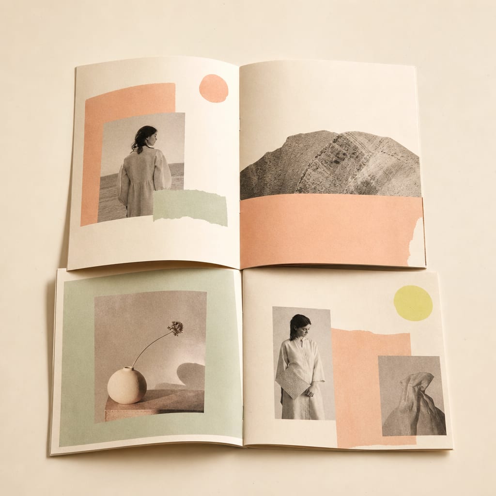 Zine editorial con varios spreads visibles