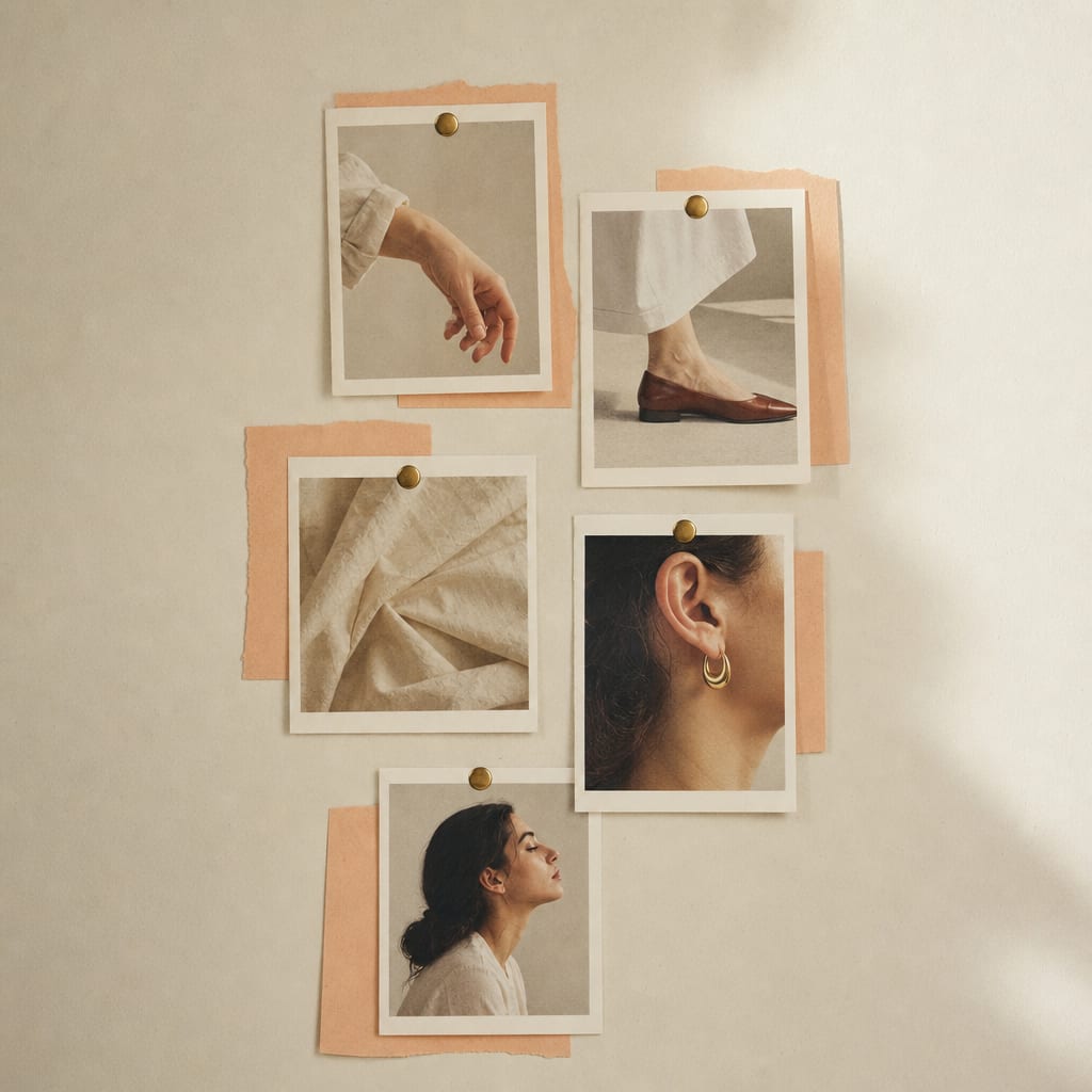 Mood-board editorial vertical con polaroids
