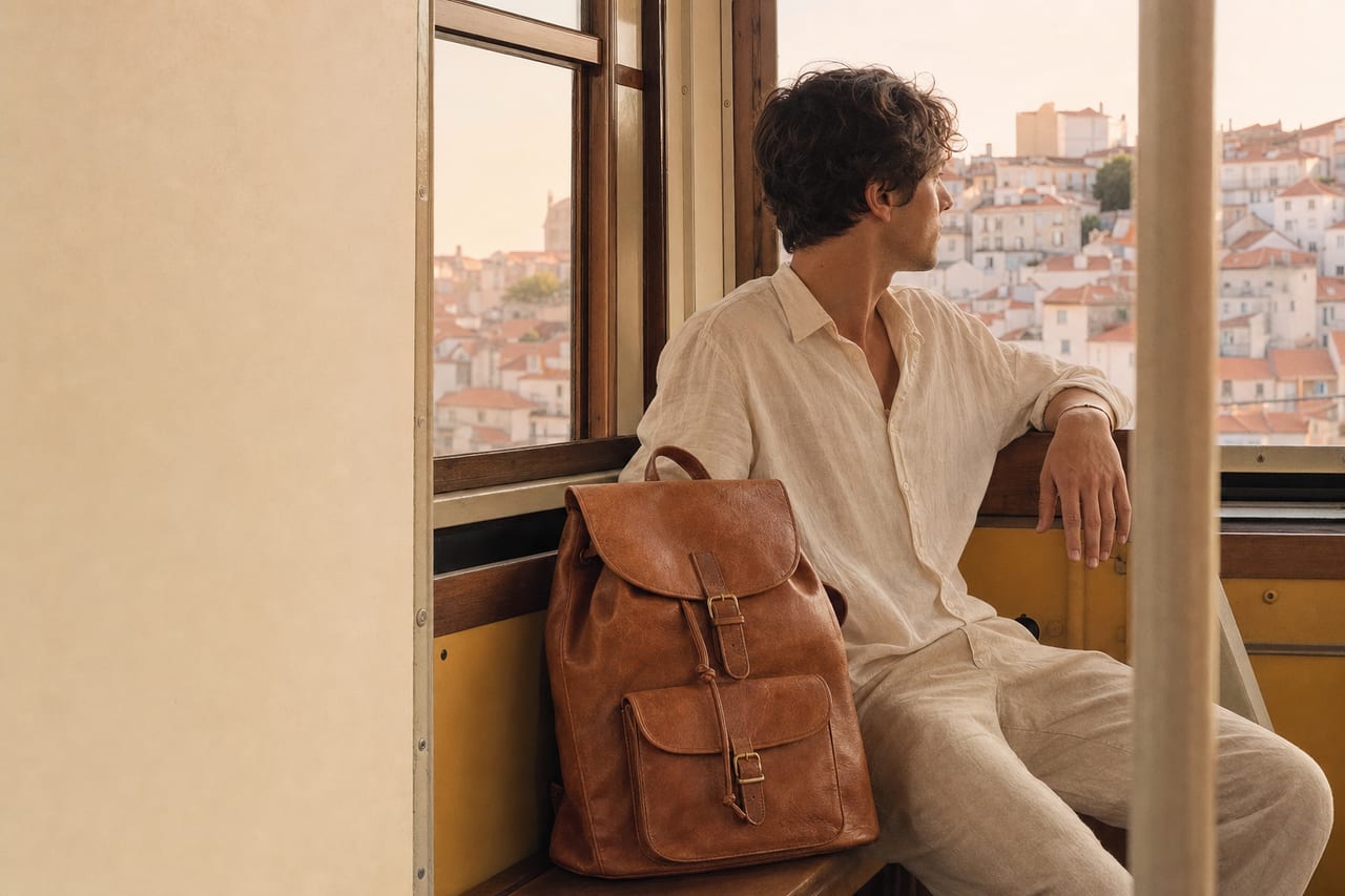 Mochila de marca en un tranvía de Lisboa